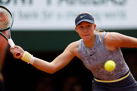 Mirra Andreeva plays a shot against Jasmine Paolini during semifinal match